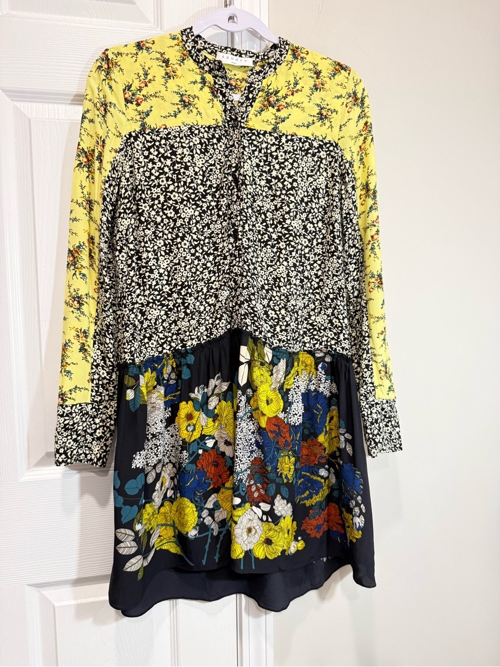 Sandro Paris Mixed Floral Patchwork Mini Dress Long Sleeve Boho Romantic Chic